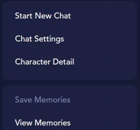 JuicyChat chat menu with Save Memories and View Memories options