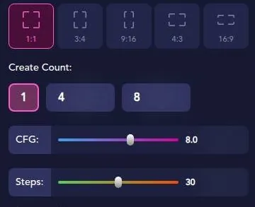 JuicyChat image settings with aspect ratios, batch count, CFG and steps sliders