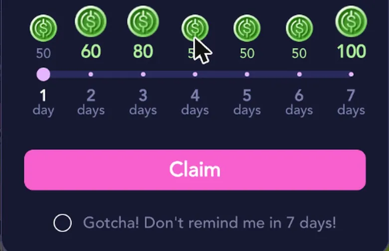 JuicyChat daily check-in ladder with coin rewards for seven days and a Claim button
