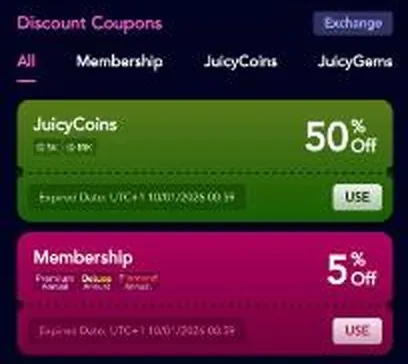 JuicyChat coupon wallet with a coin-pack coupon and a membership coupon