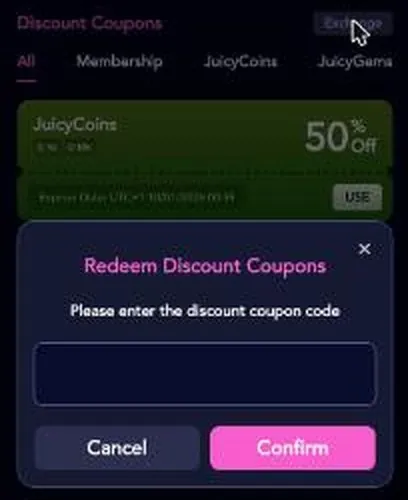 JuicyChat dialog for entering a discount coupon code