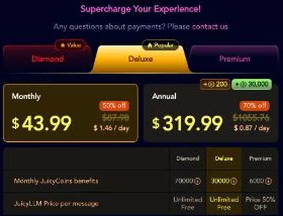 JuicyChat Deluxe plan with monthly and annual price cards and a tier comparison table