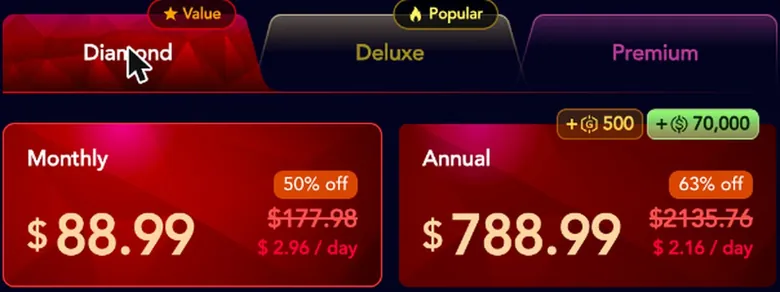 JuicyChat Diamond plan monthly and annual price cards