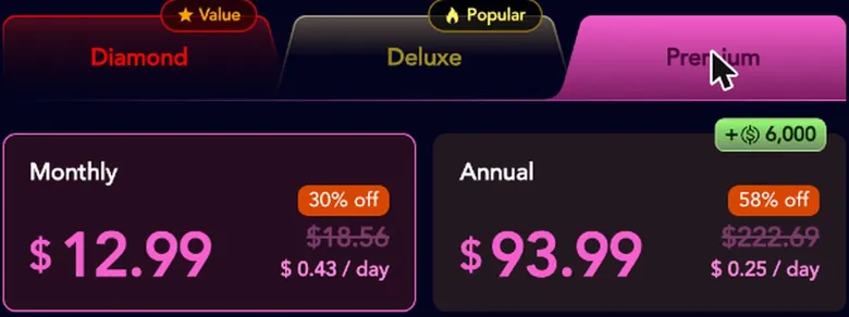 JuicyChat Premium plan monthly and annual price cards