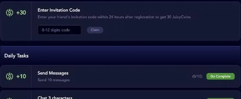 JuicyChat invitation code field and daily tasks list with coin rewards