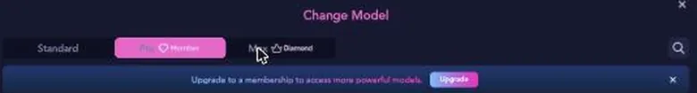 JuicyChat model picker with Standard, Pro and Max tabs and an upgrade banner