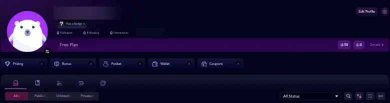 JuicyChat free profile with coin and Gem balances and shortcut tiles