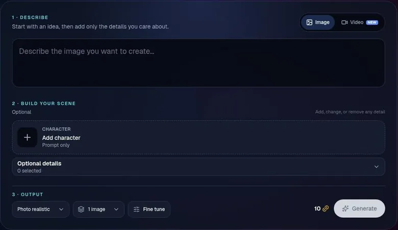 Kalon AI three-step image generator panel with describe box, scene options and output settings