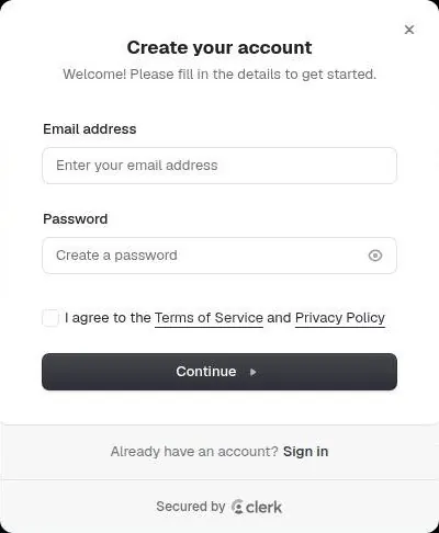 Kalon AI Create your account form with email, password and terms checkbox