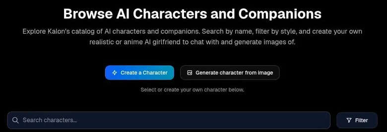 Kalon AI character catalogue header with Create a Character and Generate character from image buttons