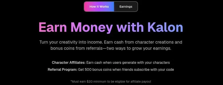 Kalon AI Earn Money page describing the character affiliate and referral programs