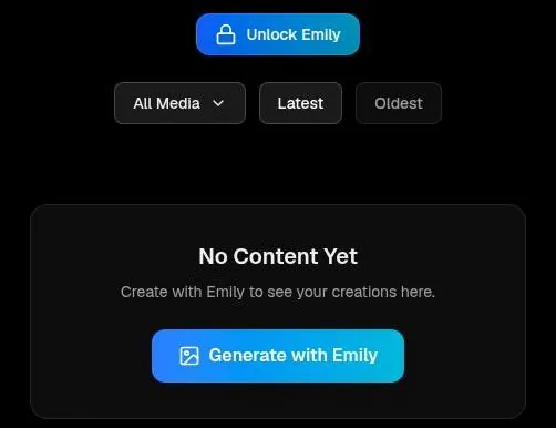 Kalon AI character page section with an Unlock button and an empty creations gallery
