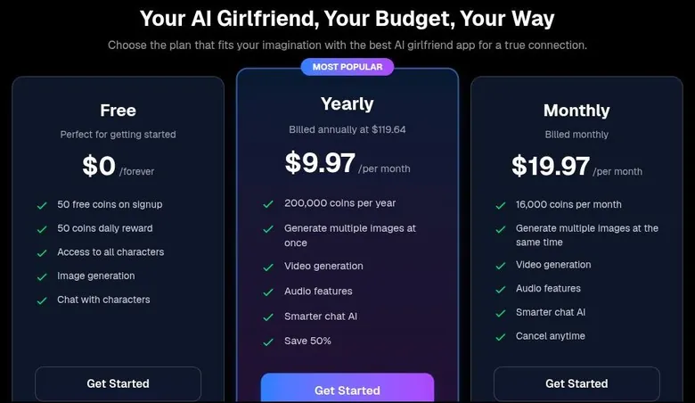 Kalon AI pricing cards for the Free, Yearly and Monthly plans