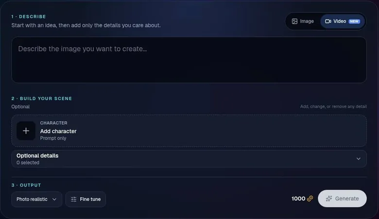 Kalon AI generator panel in video mode with the coin cost next to the Generate button