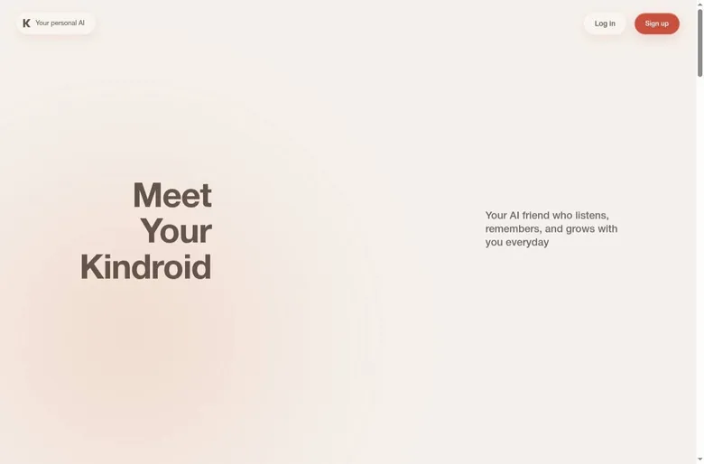 Kindroid landing page with the headline Meet Your Kindroid and sign-up buttons
