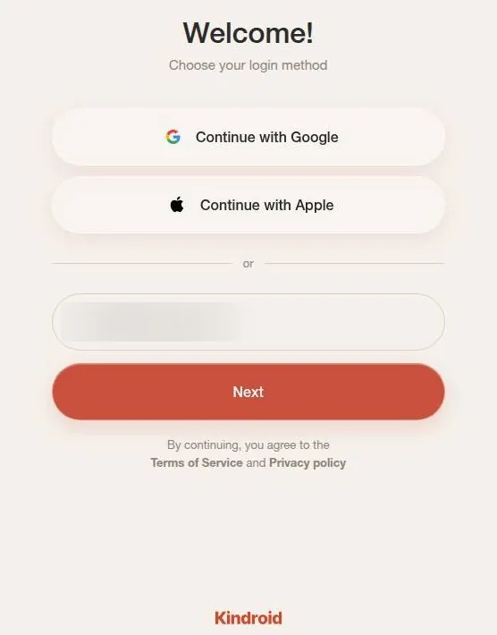 Kindroid login panel with Google, Apple and e-mail options