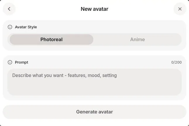 Kindroid New avatar dialog with Photoreal and Anime styles and a prompt box