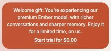 Kindroid welcome gift banner about the premium Ember model with a trial link