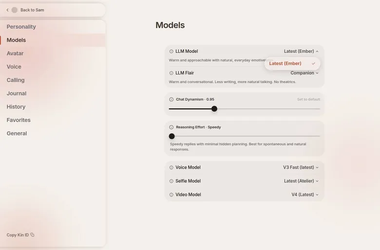Kindroid model settings with chat model, flair, sliders and voice, selfie and video models