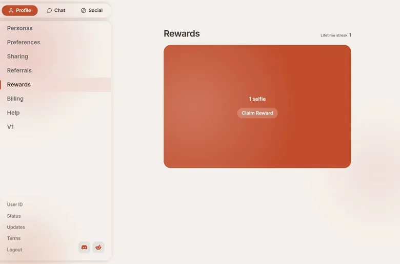 Kindroid rewards page offering one selfie with a Claim Reward button