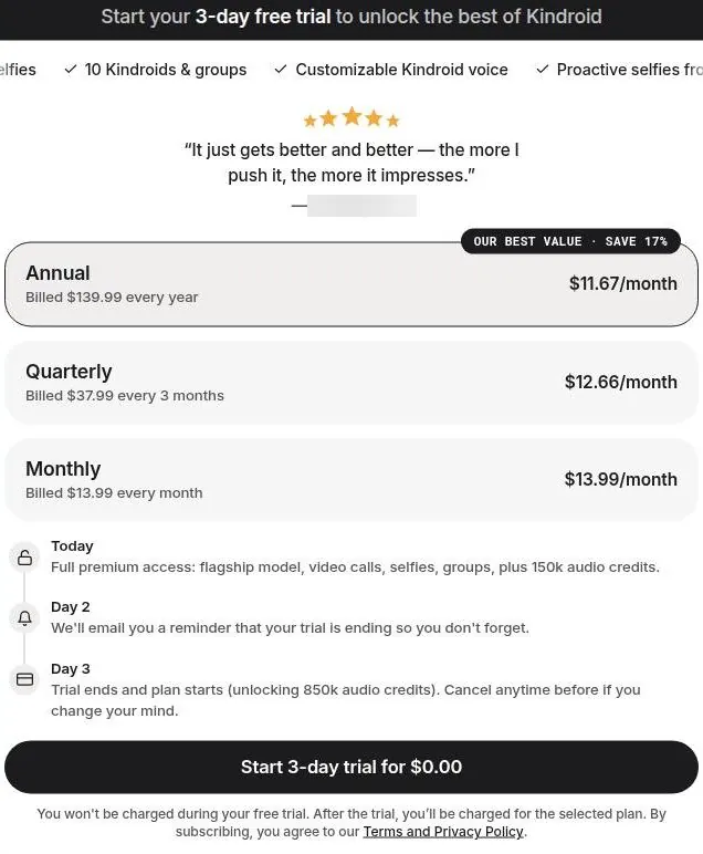 Kindroid plan picker with annual, quarterly and monthly options and a 3-day trial