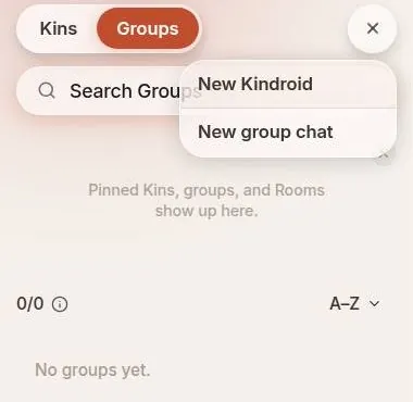 Kindroid groups list showing zero group slots on the free plan