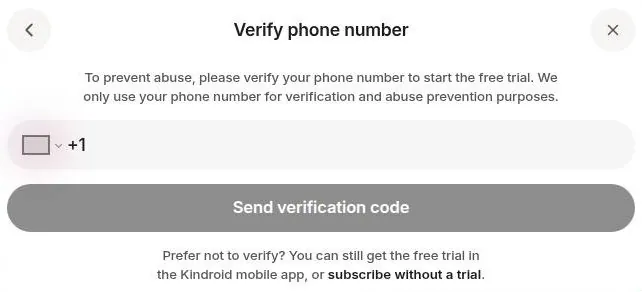 Kindroid dialog asking for a phone number before the free trial