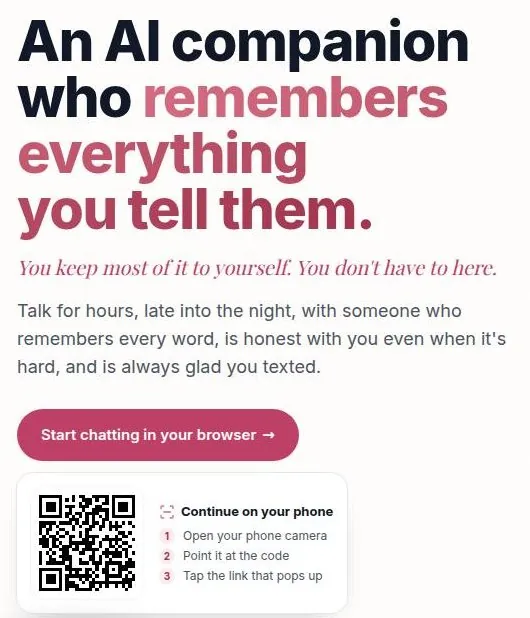 Kissable landing page headline about an AI companion who remembers everything, with a browser start button and QR code