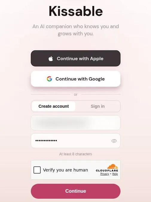 Kissable create-account form with a Cloudflare Verify you are human checkbox