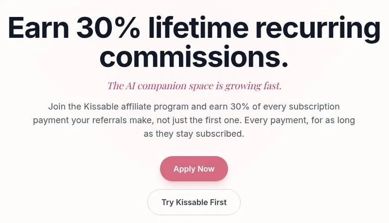 Kissable affiliate program page promising a lifetime recurring commission