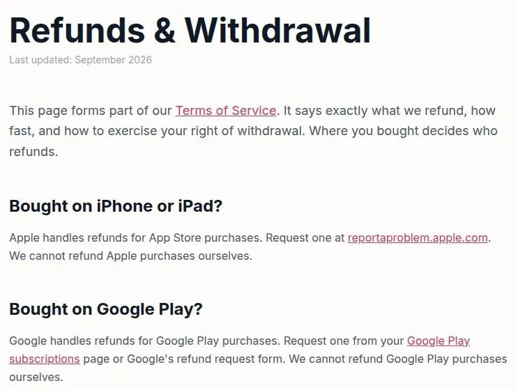 Kissable Refunds and Withdrawal page explaining that Apple and Google handle store refunds