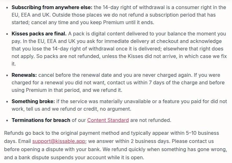 Kissable refund rules for web subscriptions, Kisses packs, renewals and outages