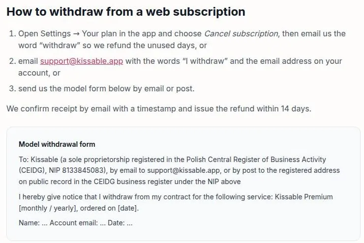 Kissable steps to withdraw from a web subscription with a model withdrawal form