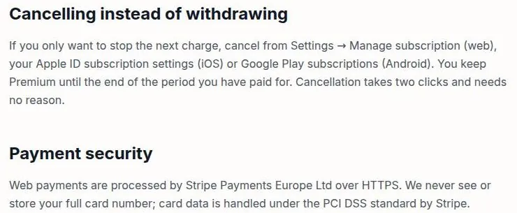 Kissable page on cancelling a subscription and on payment security with Stripe