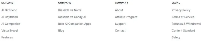 Kissable footer with Explore, Compare, Company and Legal link columns