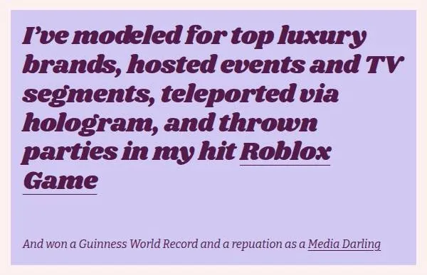 Kuki About page card listing brand work, TV segments, a Roblox game and a Guinness World Record