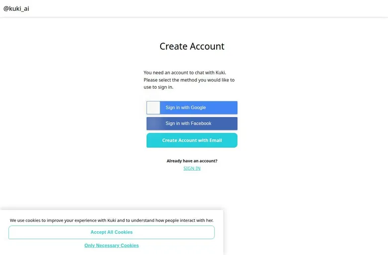 Kuki chat app account wall with Google, Facebook and email sign-up buttons and a cookie banner