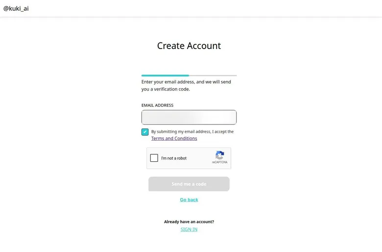 Kuki sign-up form with terms accepted, reCAPTCHA unticked and the code button still disabled