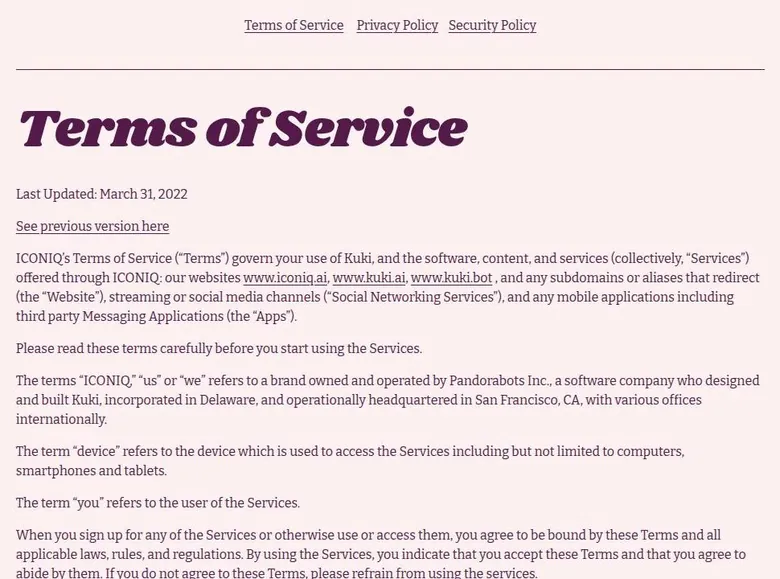 Kuki Terms of Service page header with the last-updated date and the operator paragraph