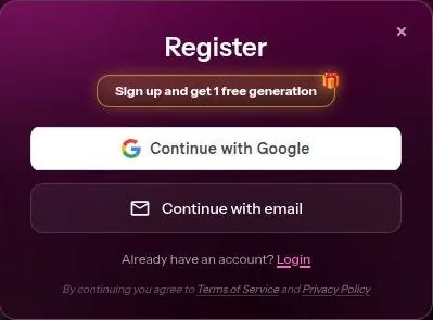 Kupid AI Register window with Google and e-mail sign-up buttons