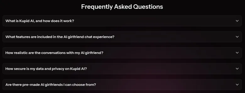 Kupid AI home page list of five frequently asked questions