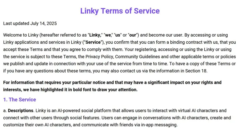 Top of the Linky Terms of Service, last updated July 14, 2025, with section 1 The Service