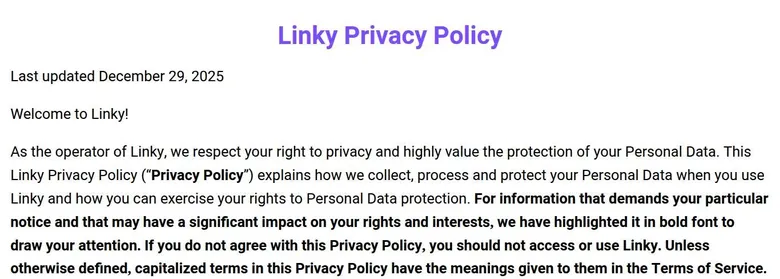 Top of the Linky Privacy Policy, last updated December 29, 2025