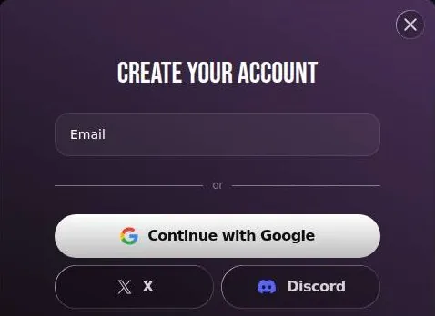 Lovescape sign-up modal with an e-mail field and Google, X and Discord buttons