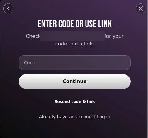 Lovescape login step asking for the e-mailed code, with Continue and Resend buttons
