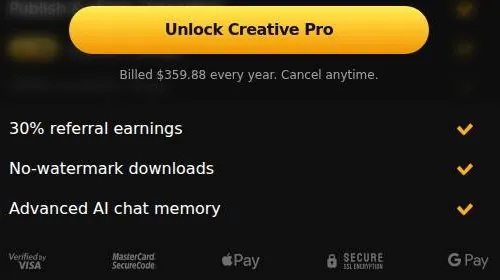 Creative Pro billing note with referral, download and chat memory perks and payment badges