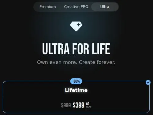 Ultra lifetime plan card with a struck-through list price and a -60% badge