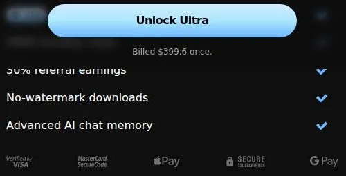 Ultra billing note billed once, with download and chat memory perks