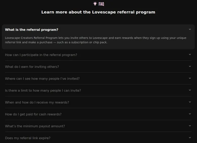 Referral program FAQ list with the first answer expanded