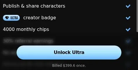 Ultra offer popup listing a creator badge and 4000 monthly chips with an Unlock Ultra button